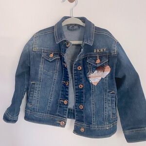 DKNY girls 3T Jean Jacket with rose gold and silver sequins hearts detail.
